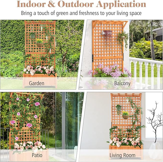 S AFSTAR Planter with Trellis Set of 2, 35.5x17.5x72.5 inch Wood Planter Box with Lattice Trellis & Hanging Roof, Removable Base, Plant Box for Climbing Plant Flower Rose Grape Cucumber