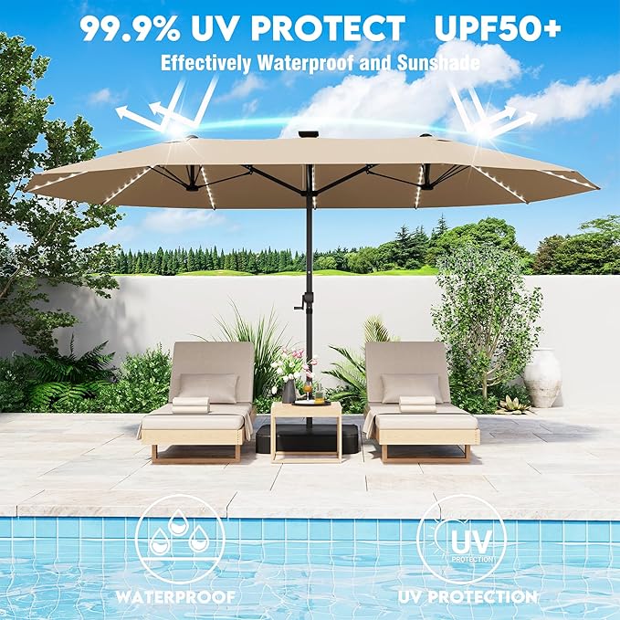 15ft Large Patio Umbrella with Solar Lights, Outdoor Double-Side Rectangular Umbrella with Base Included, Backyard Pool Umbrella with LED Light for Deck, Outside, Market, Beige