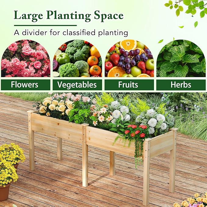 Giantex Raised Garden Bed with Legs, 73"x23"x30" Elevated Wood Planter Box w/Divider Panel, Drainage Holes, Ideal for Flower Herb Vegetable, Raised Garden Beds Outdoor for Gardening Backyard Patio