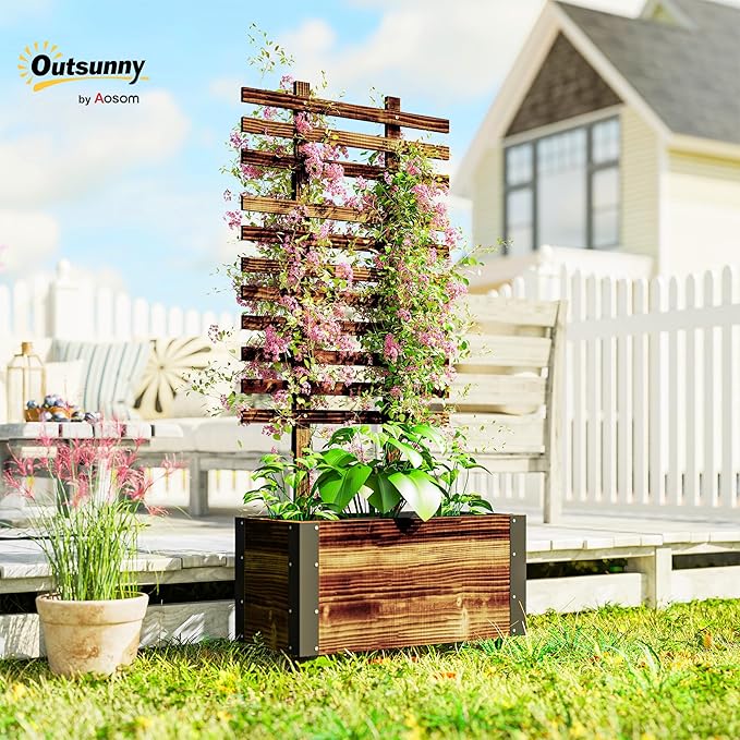 Outsunny Raised Garden Bed with Trellis, 58" Outdoor Wooden Planter Box with Wheels, Bed Liner, for Vine Plants Flowers Climbing and Planting, Brown