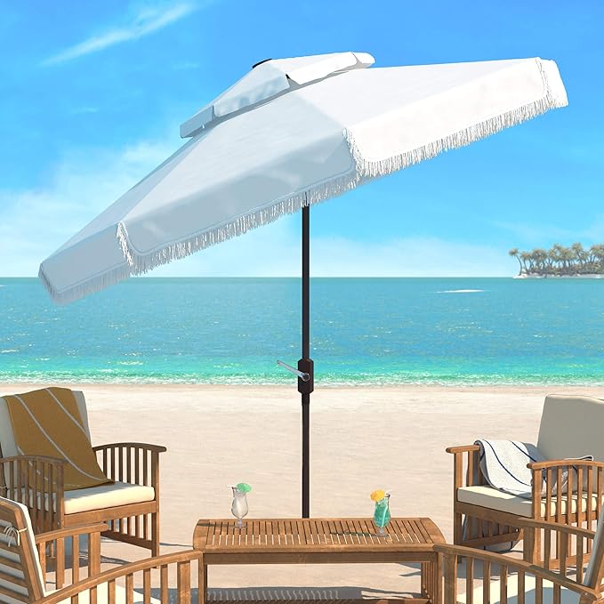 SAFAVIEH 9ft Outdoor Patio Umbrella, Round, Double Top, Milan Fringe, Ivory, Crank, Button Tilt, UV Resistant for Deck, Backyard, Poolside (PAT8208C)