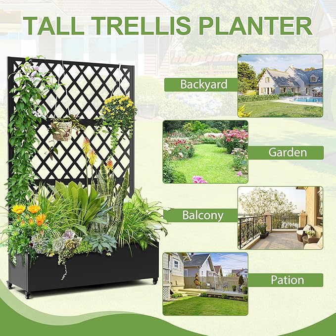 Metal Planter Trellis Box with Wheels & Drain Plug Outdoor Raised Garden Bed Patio Privacy Screen with Planter for Climbing Plants, Vegetables 73"x47"x16" Black-Diamond