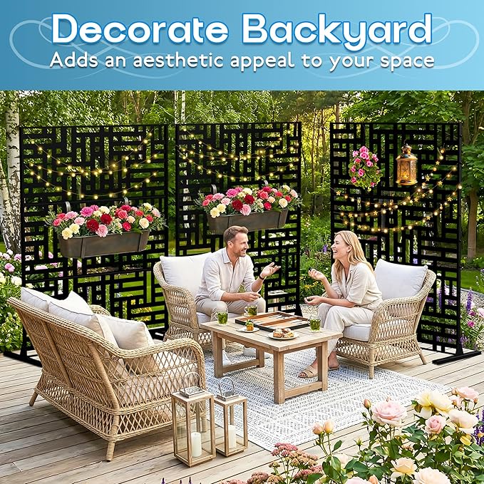 Metal Privacy Screen 72" H x 47.2" Decorative Outdoor Privacy Screen Privacy Panel with Stand for Balcony Deck Patio Lawn Garden, Privacy Fence (Black-Street)