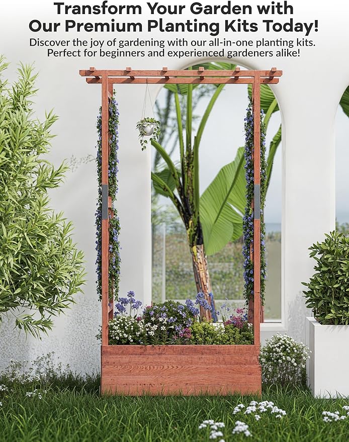 Elevated Garden Bed with Arch Trellis & Hanging Roof for Vine Climbing Plants, Wood Planter Box with Hanging Roof, Side Trellis, 4 Drainage Holes,Above Ground Raised Garden Bed, 43"x17"x72"