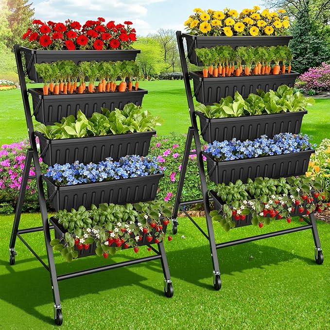 Homdox 2 Pack Elevated Garden Bed, 5-Tier Freestanding Vertical Raised Bed for Gardening, 5 Garden Planter Boxes & 5 Hooks, Perfect to Grow Vegetables Herbs Flowers Outdoor Indoor, Black with Wheels