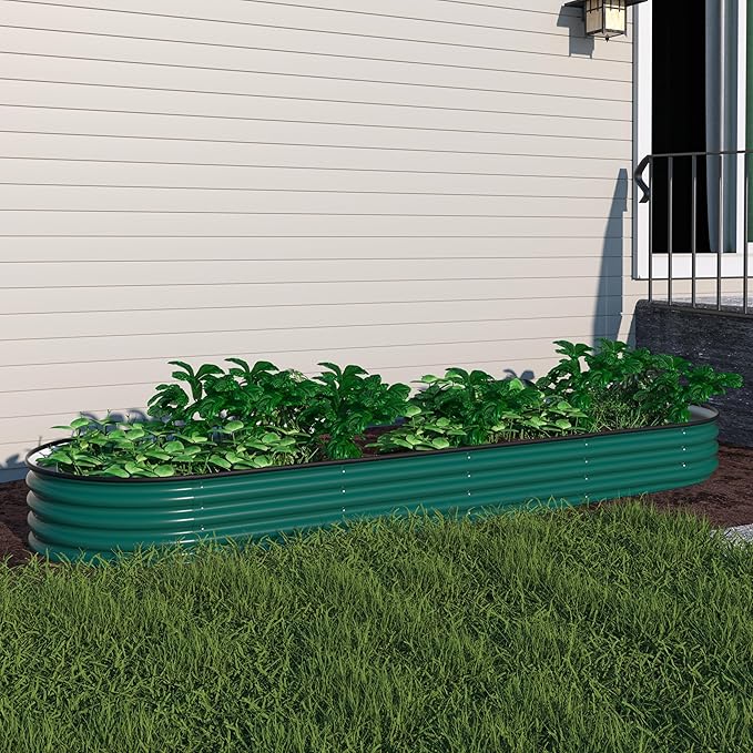 VEIKOU 11" H Raised Garden Bed, 8x2x1FT Galvanized Raised Garden Bed for Plants Flowers, Metal Planter Boxes Outdoor with Flexible Layouts, 9 in 1 Raised Garden Bed Kit, Green