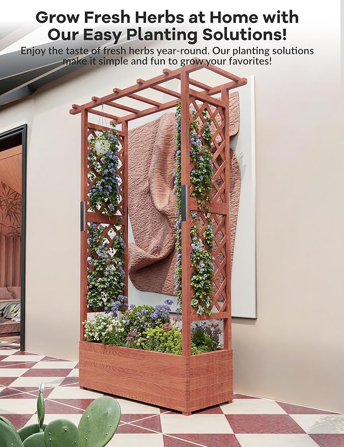 Elevated Garden Bed with Arch Trellis & Hanging Roof for Vine Climbing Plants, Wood Planter Box with Hanging Roof, Side Trellis, 4 Drainage Holes,Above Ground Raised Garden Bed, 43"x17"x72"