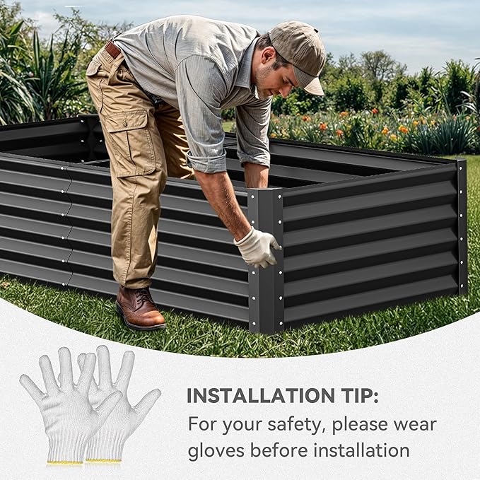 YITAHOME 6x3x1.5ft Large Raised Garden Bed Kit, Galvanized Metal Planter Box with Gloves, Support Rod, Outdoor Above Ground Planters for Plants, Vegetables, Flowers, Black