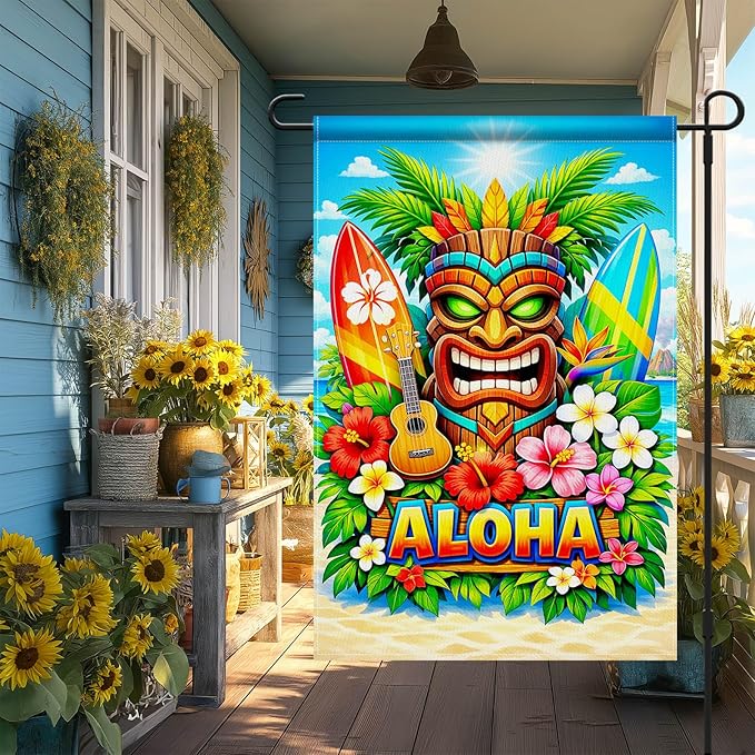 IVN Tropical Tiki Aloha Garden Flag 12x18 Burlap Tiki Mask Palm Leaves Sunshine Beach Ocean Surfboards Hibiscus Flowers Double Sided Summer Outdoor Yard House Flag for Outside Home Front Door Lawn Porch Patio Welcome Summer Decor