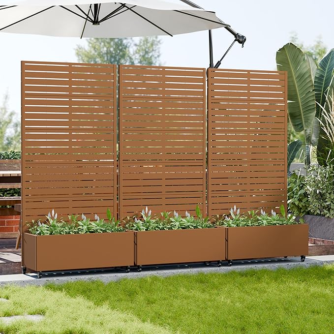 Casaphoria 72"x35" Metal Raised Garden Bed with Trellis(2 Pack), Outdoor Planter Box with Wheels & Drainage Holes for Climbing Plants, Flowers, Elevated Garden Kit with Privacy Screen, Brown-Louvered