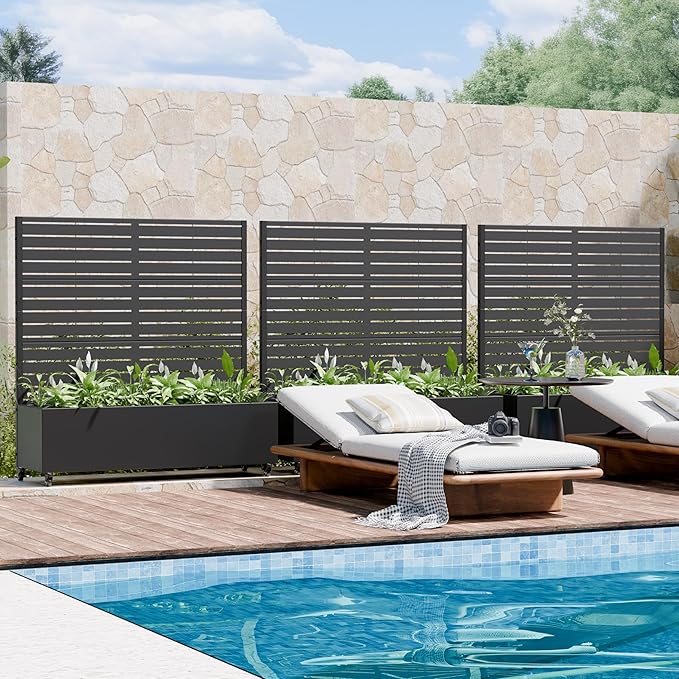 Casaphoria 47"x47" Metal Raised Garden Bed with Trellis(2 Pack), Outdoor Planter Box with Wheels & Drainage Holes for Climbing Plants, Flowers, Elevated Garden Kit with Privacy Screen, Black-Louvered