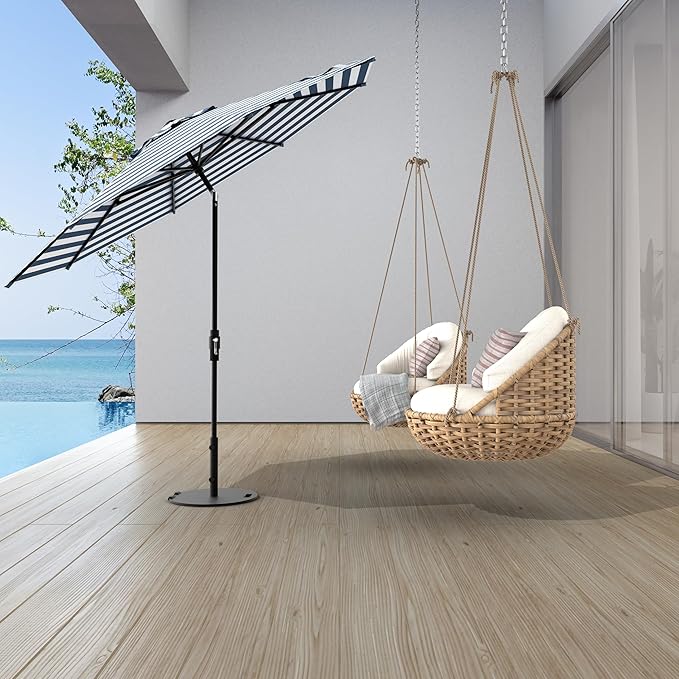 The Swilt 8 Feet Outdoor Umbrella With Terylast Navy Stripes (Navy/White) Polyester Fabric - Fiberglass Ribs, Auto-Tilt And Swivel Aluminum Frame Patio Umbrella For Deck, Garden, Pool - Black Pole
