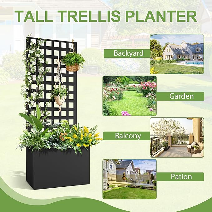 Metal Raised Garden Bed, Trellis Planters Bed with Drainage Holes for Climbing Plants, Vegetables Outdoor Privacy Screen with Planter Box 63"x24"x12", Black