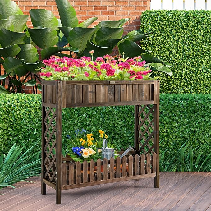 HAPPYGRILL Wooden Raised Garden Bed, 2-Tier Elevated Planter Box Stand with Legs, Storage Shelf, 35.5” Height, Carbonized Fir Wood Garden Bed for Vegetable Fruit Herb Flower