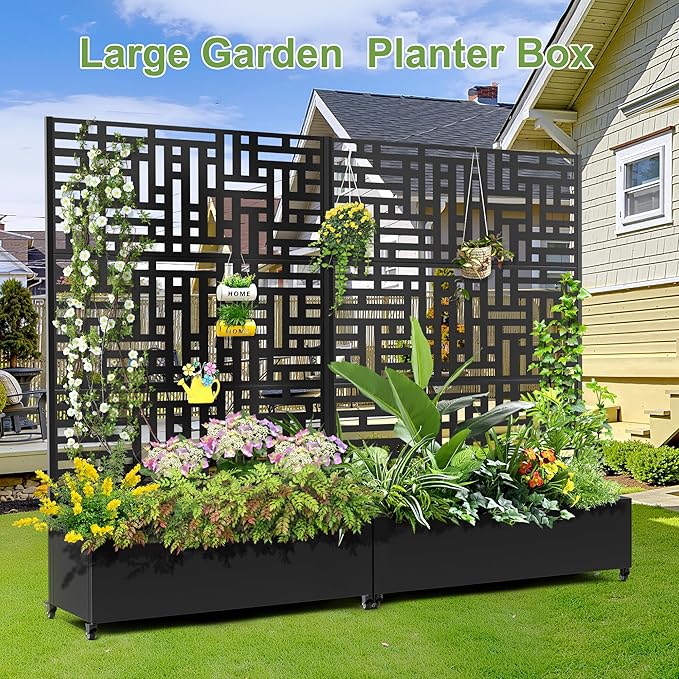 Raised Garden Bed with Trellis and Wheels,73"x47"x16" Metal Raised Garden Bed,Black Modern Metal Planter with Climbing Trellis for Vines & Vegetables