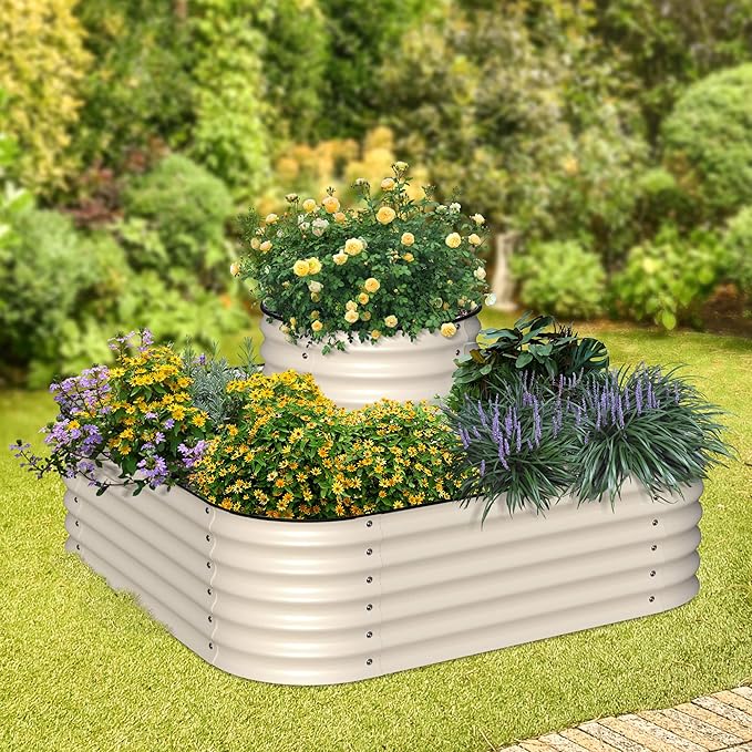 Olle 4-Style Modular Galvanized Raised Garden Beds Outdoor Easy Quick Setup, 17" Tall, 4-in-1 Metal Planter Boxes Outdoor for Flowers Vegetables Fruits Herbs DIY Gardening, Ivory