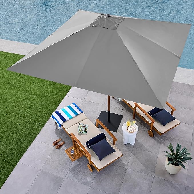 Best Choice Products 9ft Deep Square Solar Powered LED Lighted Patio Umbrella w/Woodgrain Pattern, UV-Resistant Fabric, Hand Crank - Fog Gray