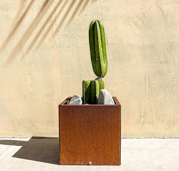 DIY CARTEL Corten Steel Cube Outdoor Planter Box, Rustic & Modern Farmhouse Design, Large Raised Metal Garden Bed for Commercial & Residential Use (12in x 12in)