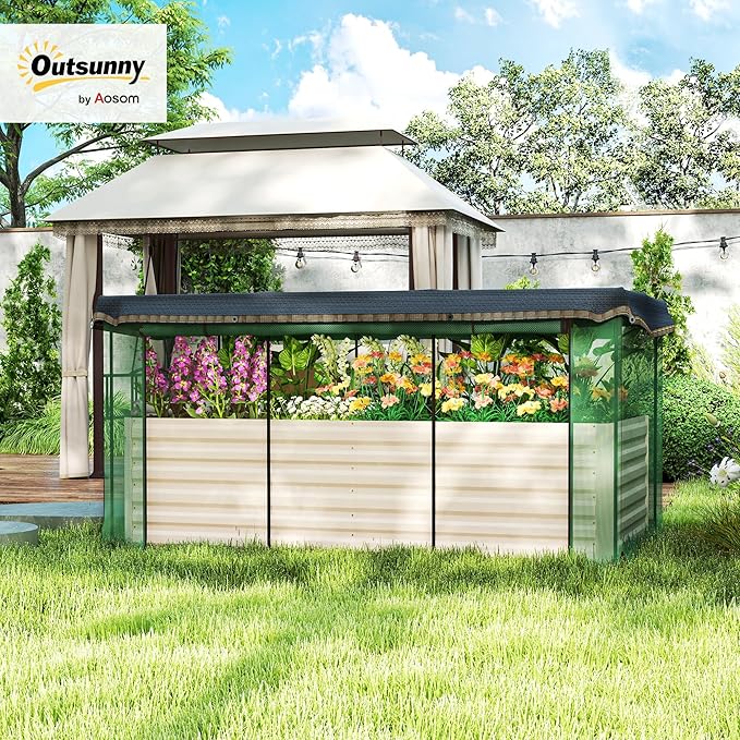 Outsunny 7.3 x 3.4 x 2 ft Galvanized Raised Garden Bed with Crop Cage Plant Protection Net and Shade Cloth Roof, Metal Planter Box with Cover for Vegetables, Flowers, Herbs, Beige