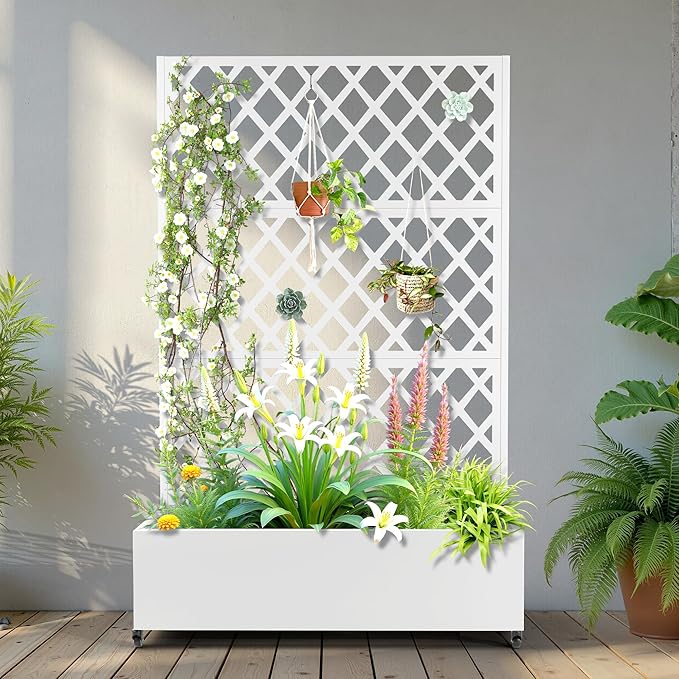 Metal Raised Garden Bed with Trellis and Wheels, 2 in 1 Trellis with Planter Box & Privacy Screen for Climbing Plants, Outdoor Standing Flower Beds with Drainage Holes, 47.2''L×15.7''W×70.9''H, White