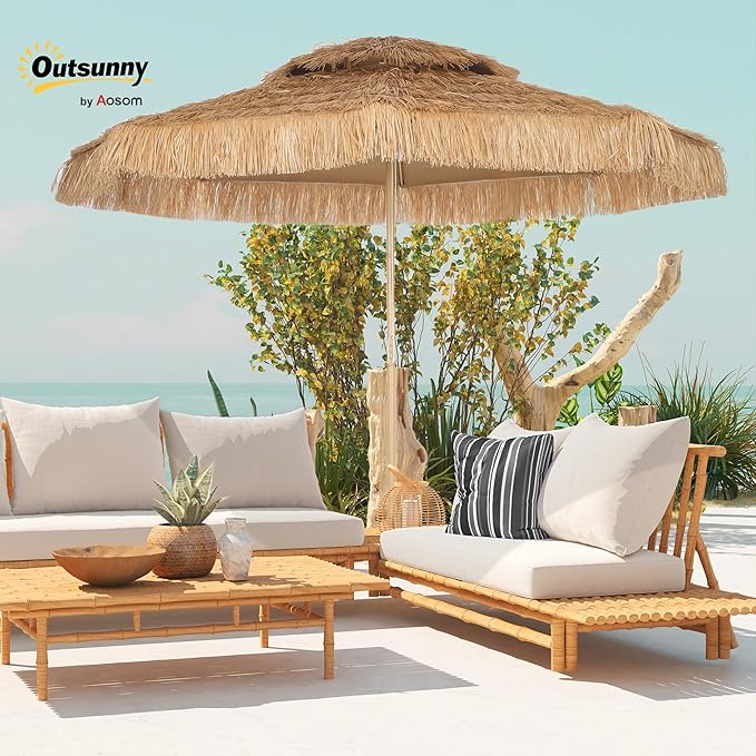 Outsunny 10FT Hula Thatched Tiki Patio Umbrella, 2-Tier Tropical Hawaiian Style Outdoor Umbrella with 8 Ribs, UPF30+, for Garden, Backyard, Deck, Pool, Natural
