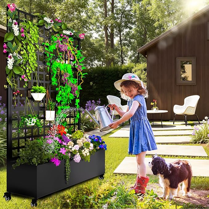 Metal Planter Box with Trellis, 72.1"x47.2"x16" Galvanized Raised Garden Bed with Privacy Screen & Drainage Holes & Lockable Casters for Climbing Plants, Flower, Vegetable (Black-Grid)