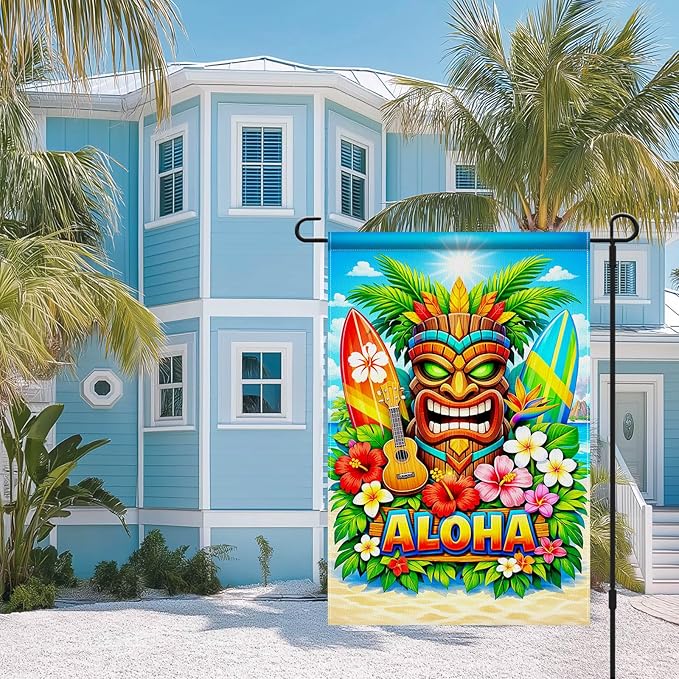IVN Tropical Tiki Aloha Garden Flag 12x18 Burlap Tiki Mask Palm Leaves Sunshine Beach Ocean Surfboards Hibiscus Flowers Double Sided Summer Outdoor Yard House Flag for Outside Home Front Door Lawn Porch Patio Welcome Summer Decor