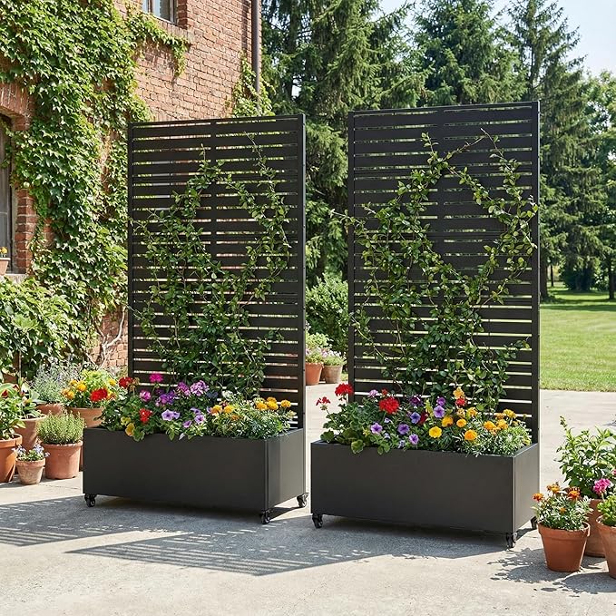 Casaphoria 72"x35" Metal Raised Garden Bed with Trellis(2 Pack), Outdoor Planter Box with Wheels & Drainage Holes for Climbing Plants, Flowers, Elevated Garden Kit with Privacy Screen, Black-Louvered