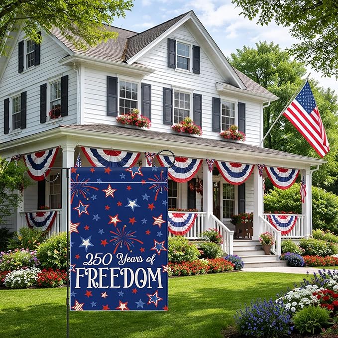 4th of July Garden Flag, 250 Anniversary USA Flag Patriotic America Memorial Day Blue Red Yard Decorations Outside Stars 250 Years of Freedom Fourth of July Garden Flag Double Sided Waterproof 12x18 Inch