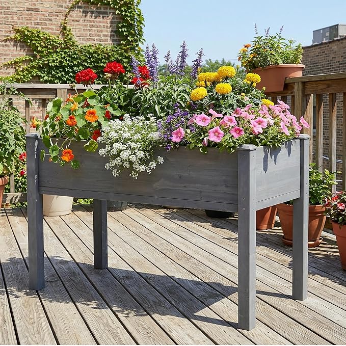 Wooden Cedar Raised Garden Bed with Legs, 48x24x30 Inch Planter Raised Beds for Gardening, Raised Garden Beds Outdoor Planter Box for Vegetables/Herbs/Flower/Backyard (Grey)