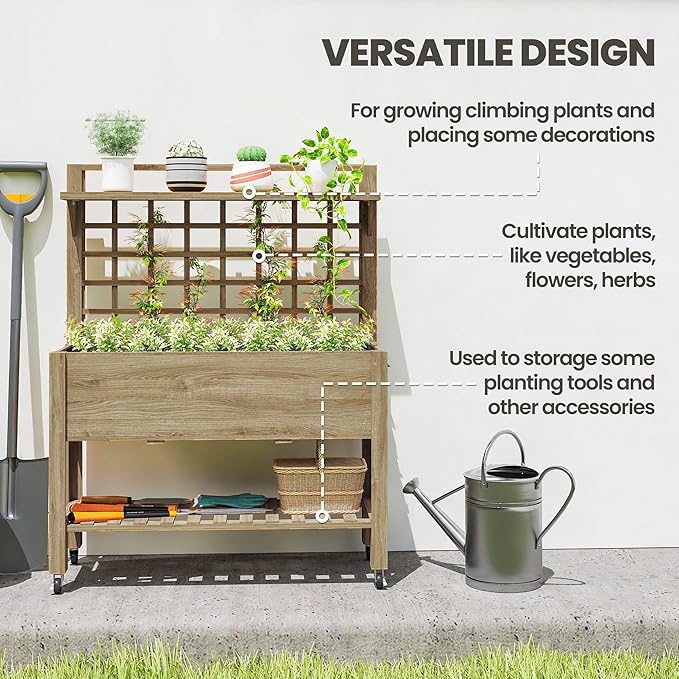 Outsunny 41" Raised Garden Bed with Trellis on Wheels, Wooden Elevated Planter Box with Legs and Bed Liner, for Flowers, Herbs & Vegetables, Dark Brown