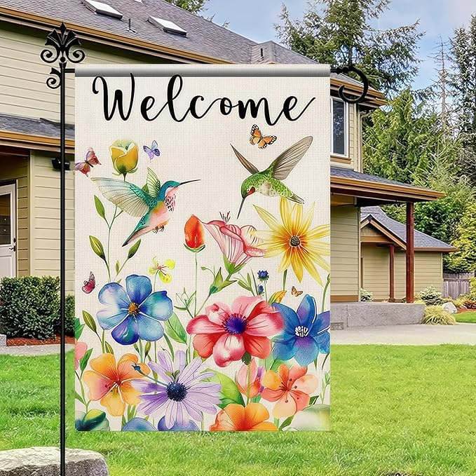 BlissYard Spring Summer Welcome Garden Flag 12 x 18 Inch Double Sided Hummingbird Spring Flowers Yard Flag Sparrow Bird Seasonal Yard Holiday Outdoor Flag Home Decor