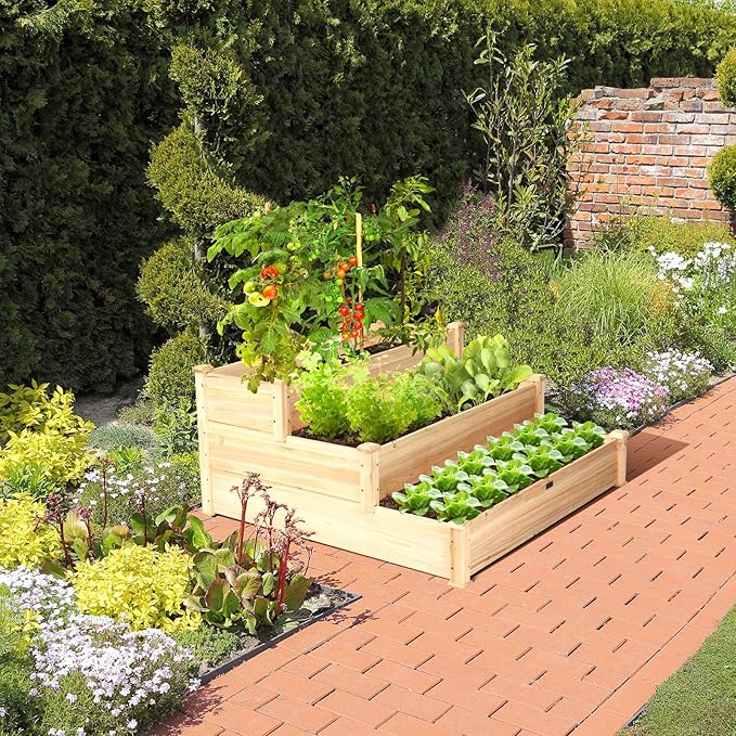 S AFSTAR 3-Tier Raised Garden Bed, Wood Elevated Planter Box with 3 Dividable Bed Kit, Outdoor Above Ground Garden Beds for Plants Herbs Vegetables, Stackable & Flat Arrangement, 49"L x 49"W x 22"H