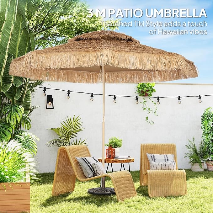 Outsunny 10FT Hula Thatched Tiki Patio Umbrella, 2-Tier Tropical Hawaiian Style Outdoor Umbrella with 8 Ribs, UPF30+, for Garden, Backyard, Deck, Pool, Natural