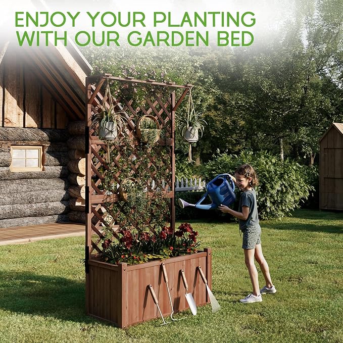SPECRAFT 2 Pack Wood Planter with Trellis, 35.4x17.7x72 Inch Raised Garden Bed, 1.6Ft Deep Large Planter Box for Outdoor Gardening, Vegetables, and Climbing Plants
