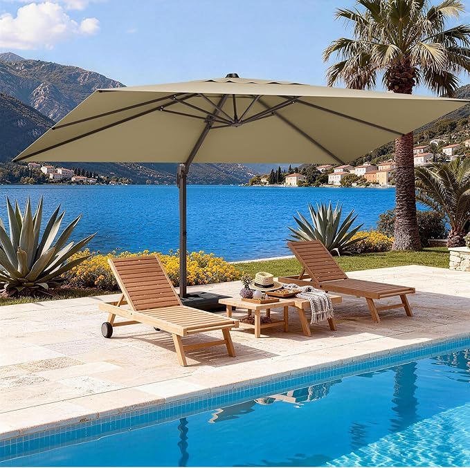9' X 12' Cantilever Patio Umbrella Rectangle Outdoor Umbrella, 6-Level Tilt & 360° Rotation Offset Umbrella for Garden, Deck, Pool (Beige)