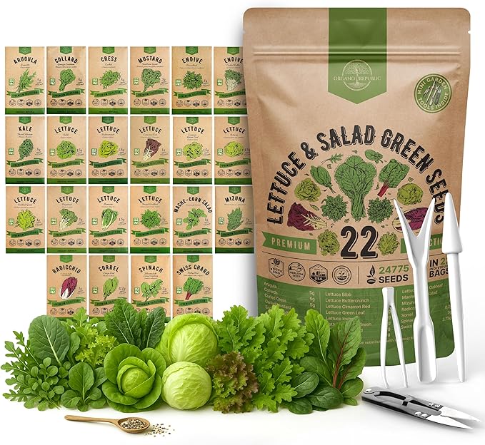 Organo Republic 22 Lettuce & Salad Greens Seeds Variety Pack 24,700+ Non-GMO Heirloom Lettuce Seeds for Indoor & Outdoor Garden, Hydroponic & Aeroponic - 2026 Season - Arugula, Spinach, Swiss Chard