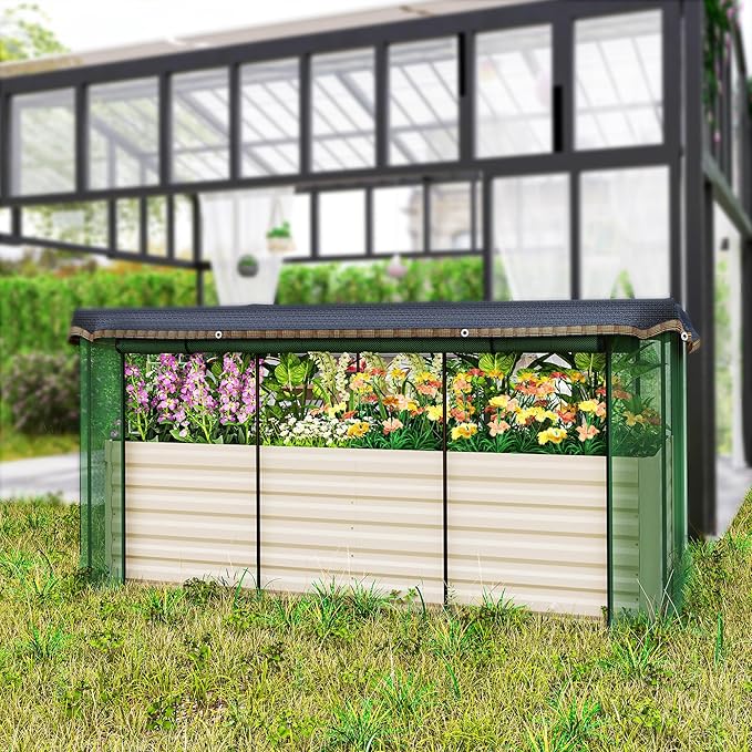 Outsunny 7.3 x 3.4 x 2 ft Galvanized Raised Garden Bed with Crop Cage Plant Protection Net and Shade Cloth Roof, Metal Planter Box with Cover for Vegetables, Flowers, Herbs, Beige