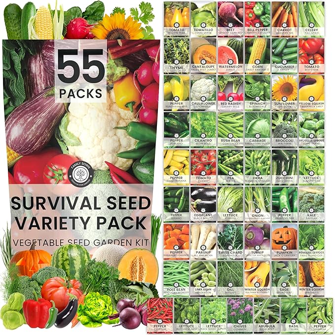 55 Vegetable Seed Packets | Survival Variety Pack | 2026 Season | Individually Packed Vegetables, Herbs and Fruits | Emergency Seed Vault for Doomsday Prepping | by Family Sown