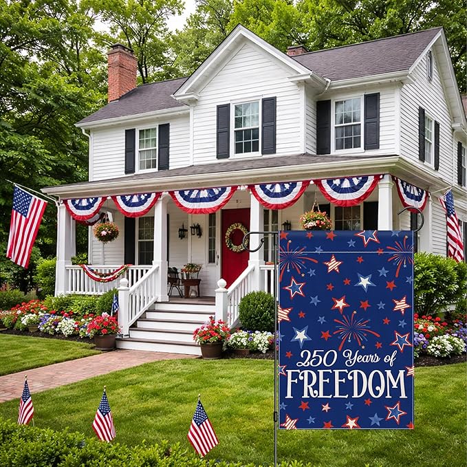 4th of July Garden Flag, 250 Anniversary USA Flag Patriotic America Memorial Day Blue Red Yard Decorations Outside Stars 250 Years of Freedom Fourth of July Garden Flag Double Sided Waterproof 12x18 Inch