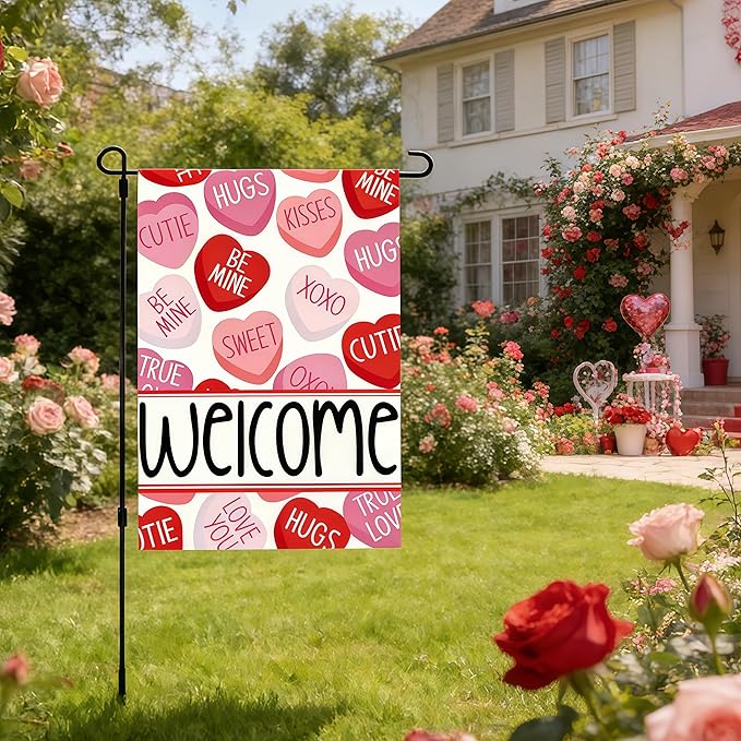 Valentines Day Garden Flag, 12x18 Inch Double Sided Pink Red Love Hearts Welcome Design Hearts Rustic Anniversary Wedding Decor Indoor Outdoor Yard Flag Decoration