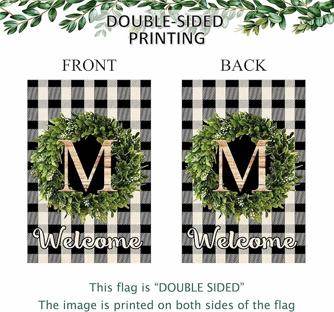 Baccessor Monogram Letter M Garden Flag 12.5 x 18 Inch, Buffalo Plaid Family Last Name Initial Boxwood Wreath Welcome Vertical Double Sided Small Flags for Outdoor Outside Decoration