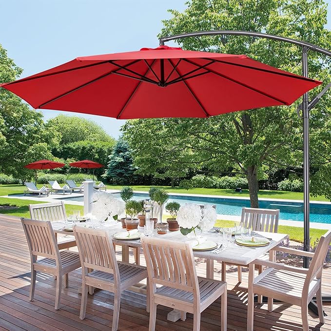 Yaheetech 10FT Patio Offset Umbrella - Cantilever Hanging Outdoor Umbrellas w/UV Protection & 8 Ribs & Handy Crank & Cross Base for Market/Garden/Lawn/Deck/Backyard/Pool - Red