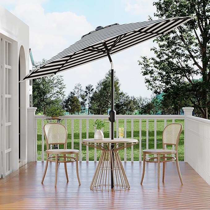 GarveeLife 9FT Patio Umbrella Outdoor, Table Umbrella with Push Button Tilt and Crank, 8 Sturdy Ribs UV Protection Waterproof for Garden, Pool, Market, Deck (Black & White Stripe)