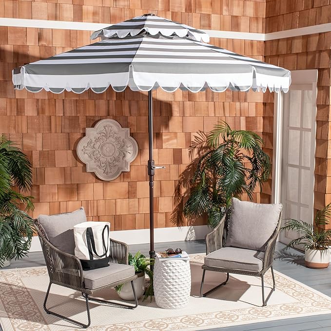 SAFAVIEH 9ft Outdoor Patio Umbrella, Double Top, Vienna Collection, Grey & White Stripe, Scallop edge, Crank, Button Tilt, UV Resistant for Deck, Backyard, Poolside (PAT8211B)