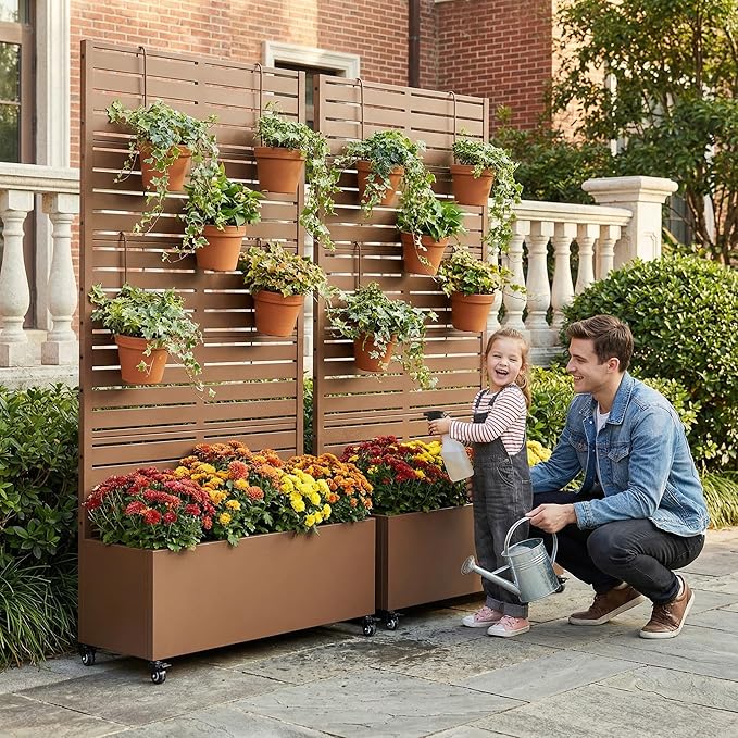 Casaphoria 72"x35" Metal Raised Garden Bed with Trellis(2 Pack), Outdoor Planter Box with Wheels & Drainage Holes for Climbing Plants, Flowers, Elevated Garden Kit with Privacy Screen, Brown-Louvered
