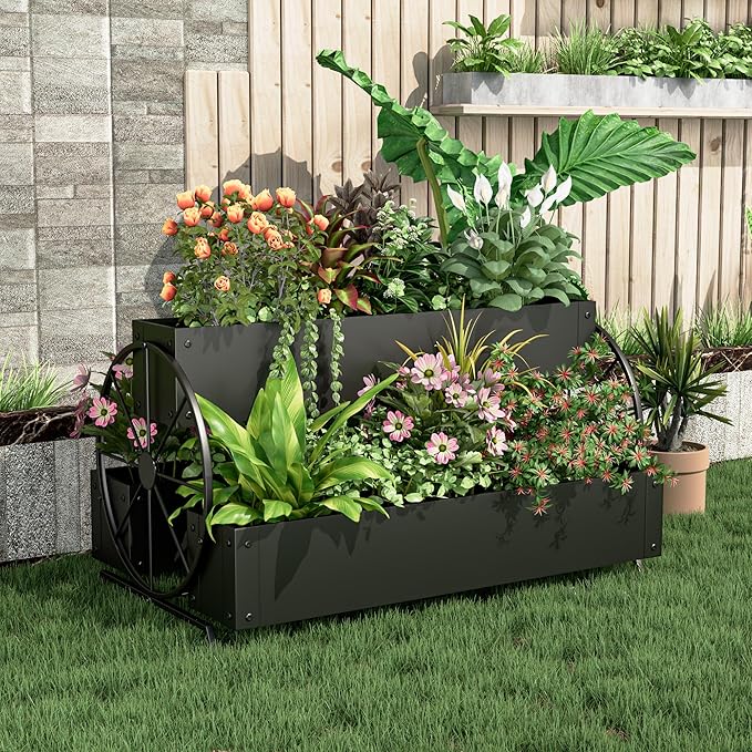 Metal Raised Garden Beds with Wagon Wheels, 3-Tier Outdoor Planter Boxes, Decorative Herb Garden Planter for Flowers Herbs Vegetables, Small Flower Cart for Patio, Balcony (Black)