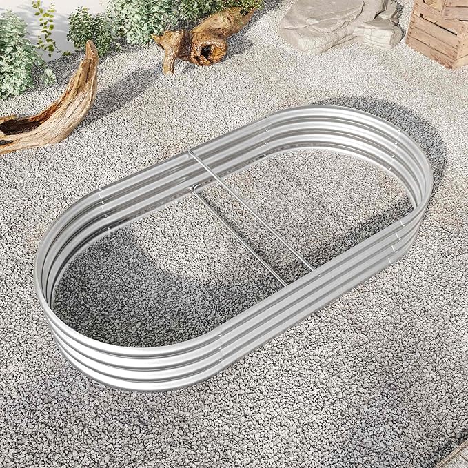 Raised Garden Beds Outdoor, Oval Large Galvanized Metal Planter Box with Kit, Above Ground Garden Bed for Vegetables Fruits and Flowers (Silver, 6×3×1)