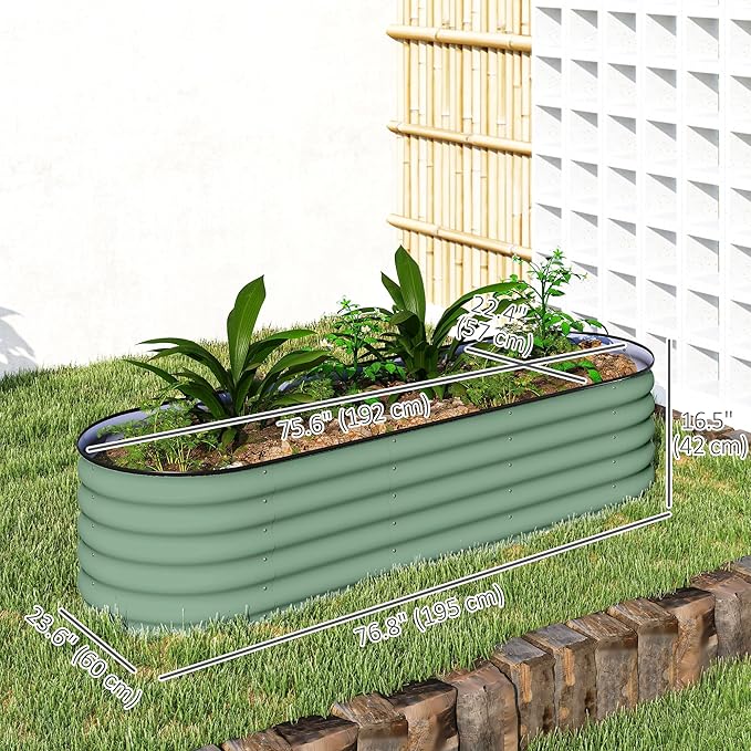 Outsunny 6.5' x 2' x 1.4' Galvanized Raised Garden Bed Kit, Outdoor Metal Elevated Planter Box with Safety Edging, Easy DIY Stock Tank for Growing Flowers, Herbs & Vegetables, Green