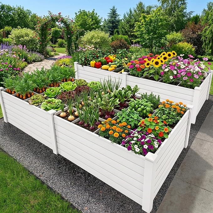 DWVO 4 x 4 x 2 FT Raised Garden Bed Kit, Outdoor Vinyl Flower Bed with Growth Grid, Large Plastic Planter Box for Vegetables, Flowers, Herbs, Fruits, White